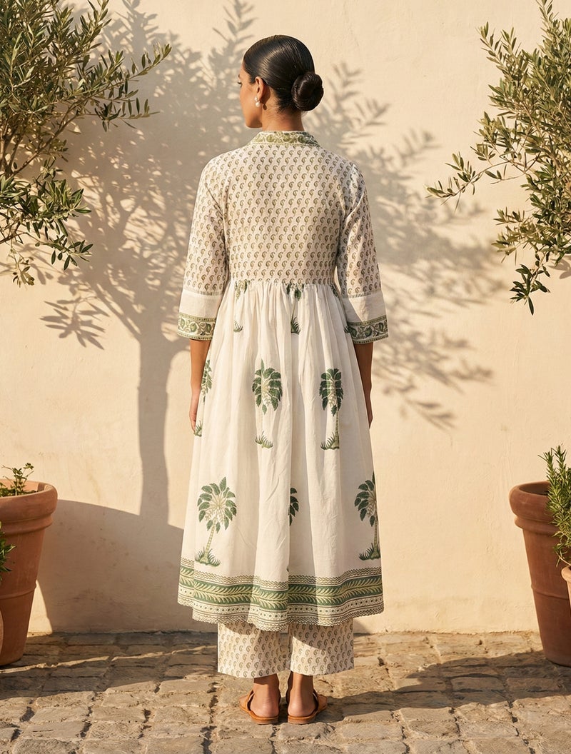 trueBrowns White Green Printed Anarkali Kurta Pant Dupatta Set - Image 2